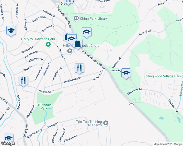 map of restaurants, bars, coffee shops, grocery stores, and more near 4112 Hemingway Drive in Woodbridge