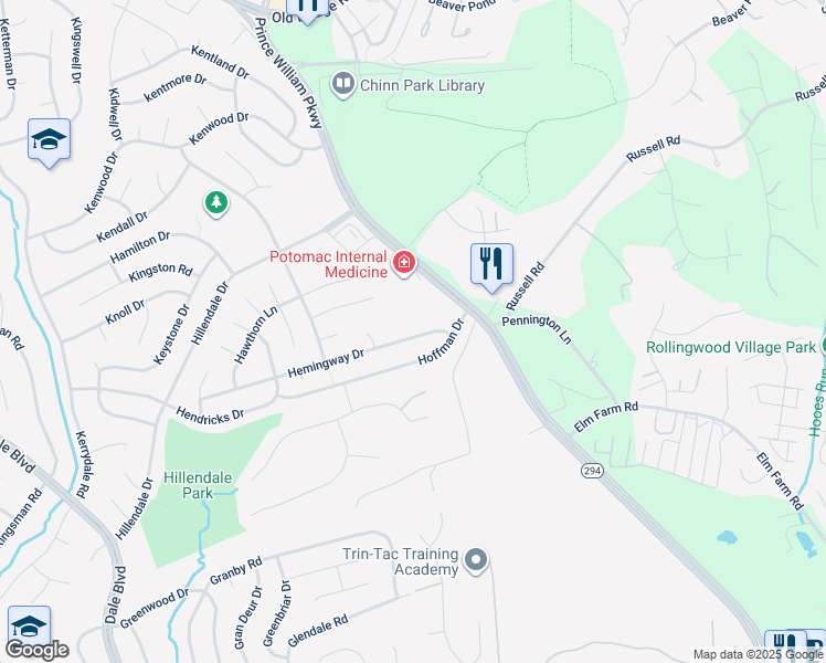 map of restaurants, bars, coffee shops, grocery stores, and more near 4112 Hemingway Drive in Woodbridge