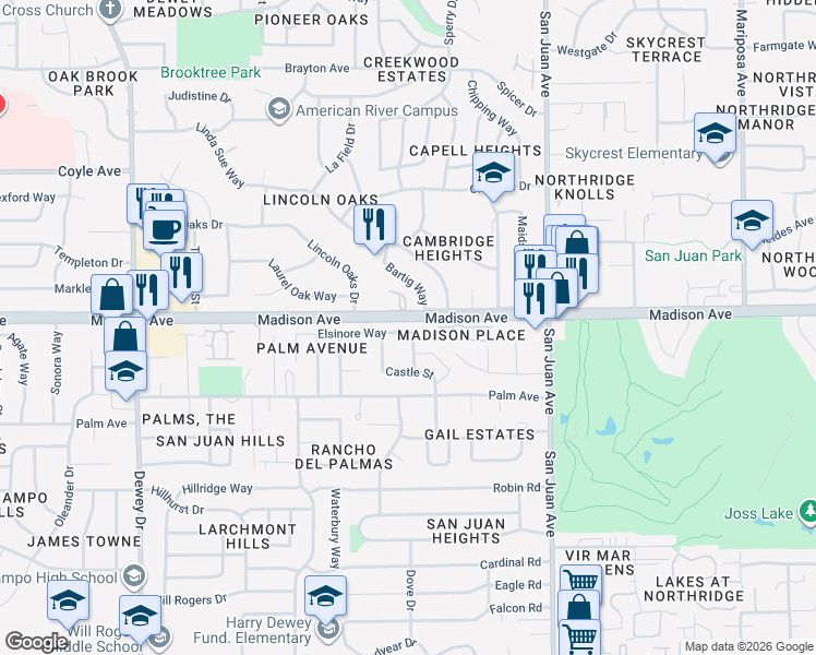 map of restaurants, bars, coffee shops, grocery stores, and more near 5407 Bartig Way in Citrus Heights