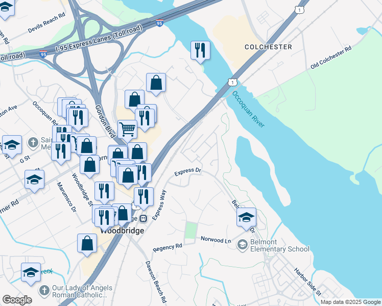 map of restaurants, bars, coffee shops, grocery stores, and more near 13379 Colchester Ferry Place in Woodbridge