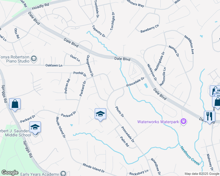 map of restaurants, bars, coffee shops, grocery stores, and more near 13396 Packard Drive in Woodbridge