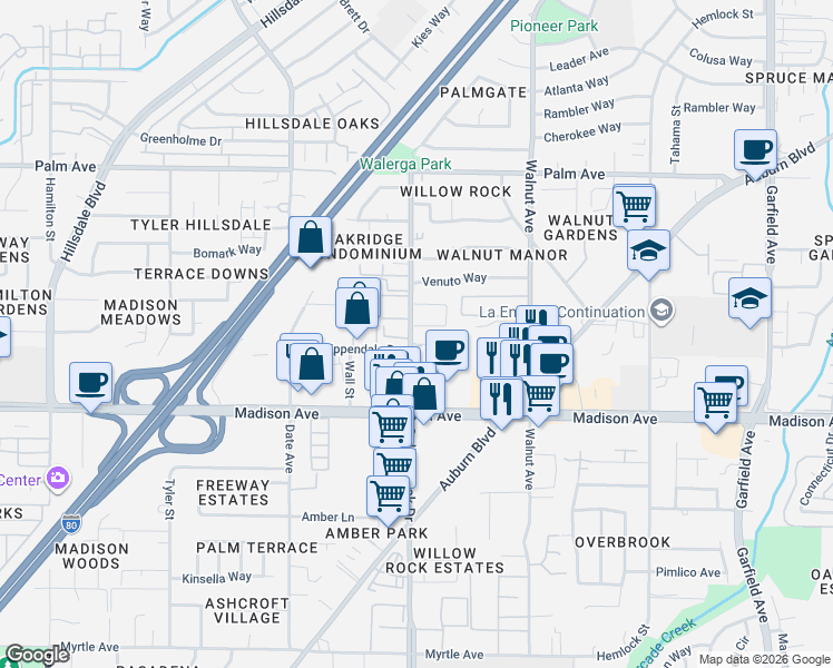 map of restaurants, bars, coffee shops, grocery stores, and more near 4969 Summerwood Circle in Sacramento