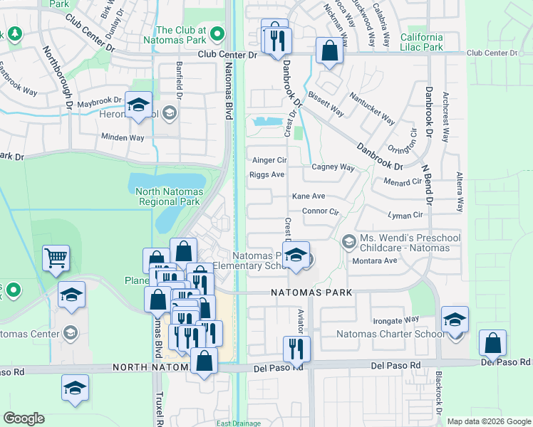 map of restaurants, bars, coffee shops, grocery stores, and more near 2118 Blackridge Avenue in Sacramento