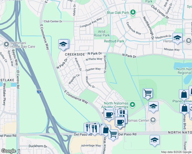 map of restaurants, bars, coffee shops, grocery stores, and more near 2931 Holdrege Way in Sacramento