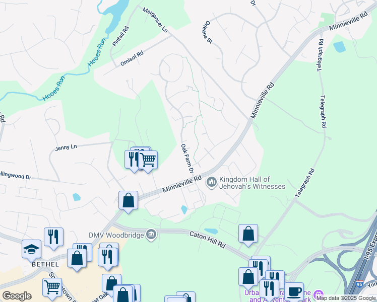 map of restaurants, bars, coffee shops, grocery stores, and more near 13221 Oak Farm Drive in Woodbridge