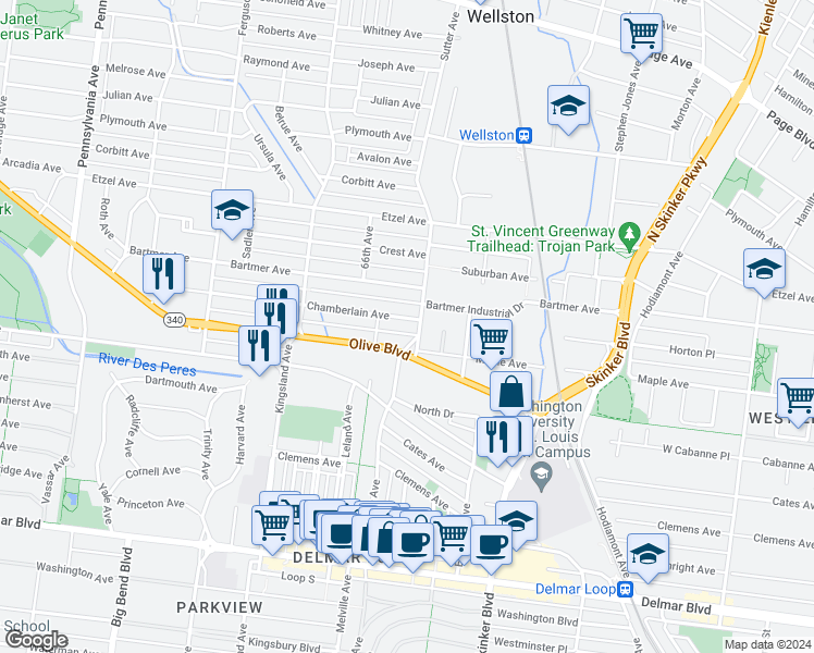 map of restaurants, bars, coffee shops, grocery stores, and more near 6513 Chamberlain Avenue in University City