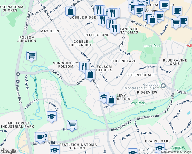 map of restaurants, bars, coffee shops, grocery stores, and more near 105 Vierra Circle in Folsom