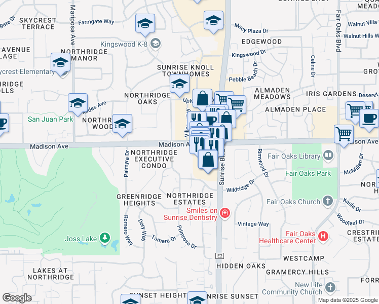 map of restaurants, bars, coffee shops, grocery stores, and more near 7803 Village Way in Citrus Heights