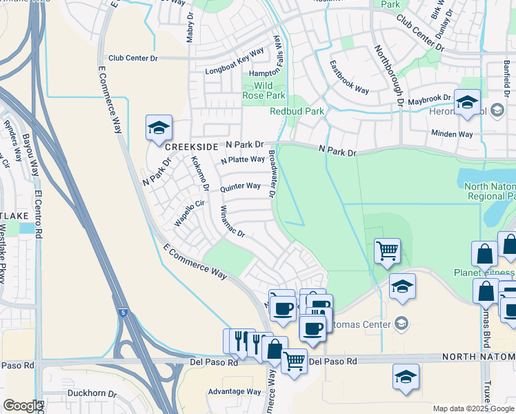 map of restaurants, bars, coffee shops, grocery stores, and more near 2915 Logansport Way in Sacramento