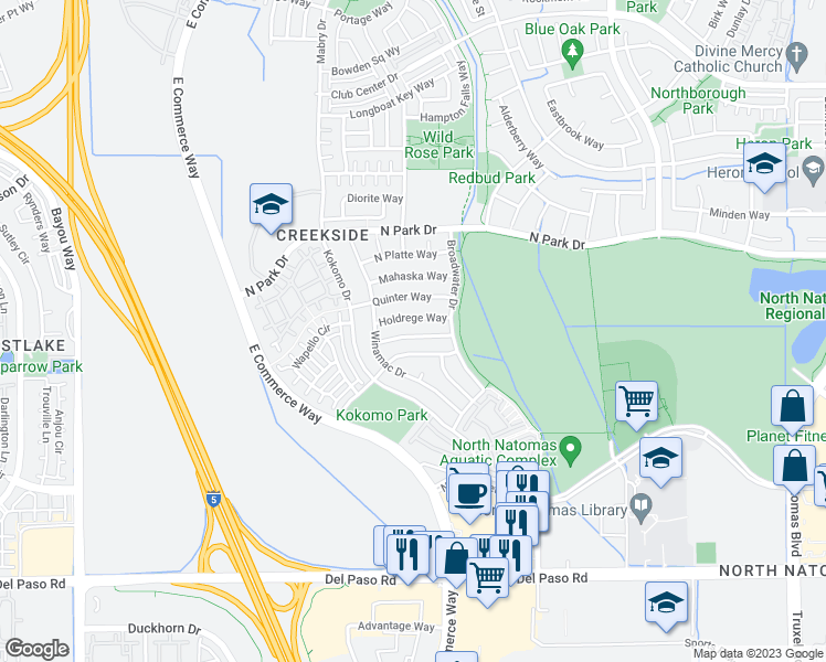 map of restaurants, bars, coffee shops, grocery stores, and more near 2931 Logansport Way in Sacramento