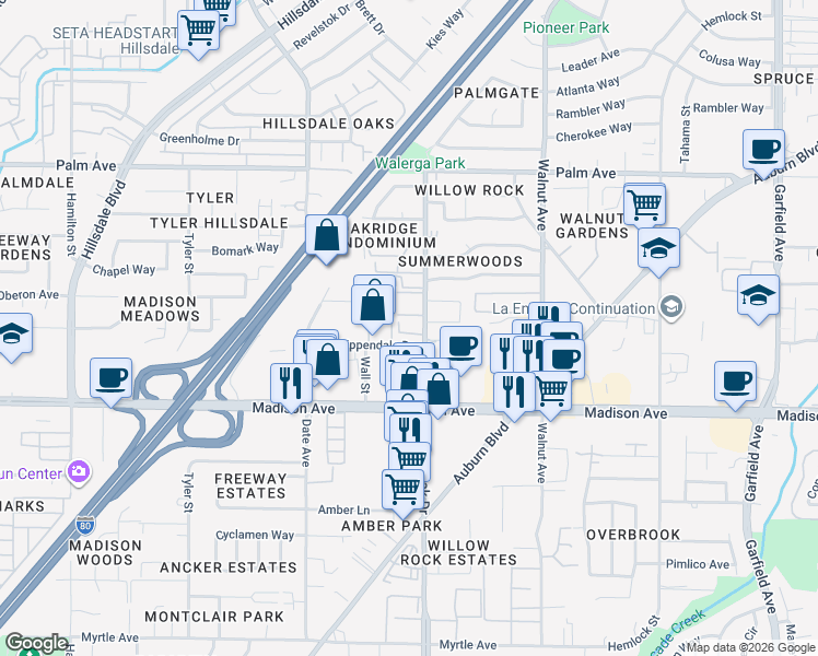 map of restaurants, bars, coffee shops, grocery stores, and more near 13 College Oak Drive in Sacramento