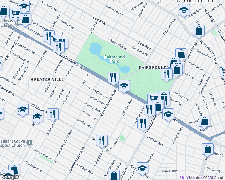 map of restaurants, bars, coffee shops, grocery stores, and more near 3922 Natural Bridge Avenue in St. Louis