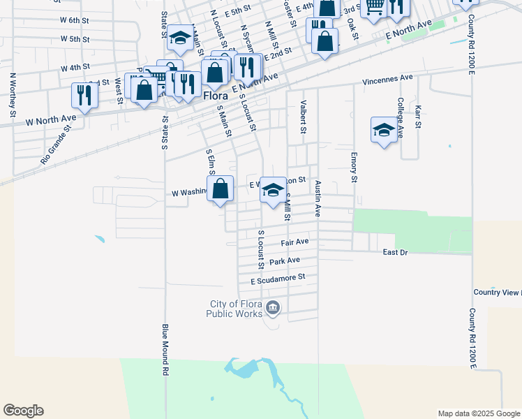 map of restaurants, bars, coffee shops, grocery stores, and more near 600 South Locust Street in Flora