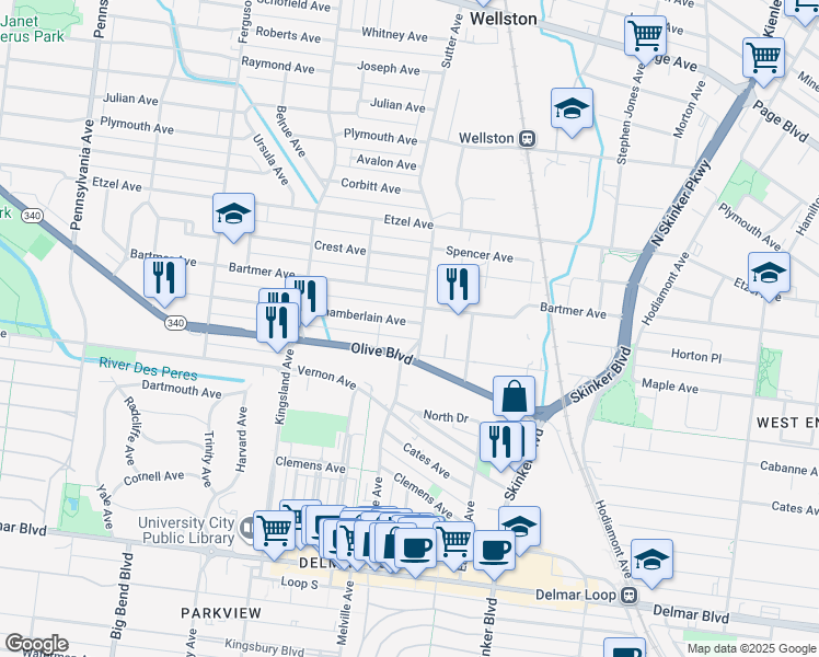 map of restaurants, bars, coffee shops, grocery stores, and more near 6508 Chamberlain Avenue in University City