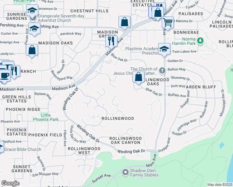 map of restaurants, bars, coffee shops, grocery stores, and more near 5343 Dawn Oak Lane in Fair Oaks