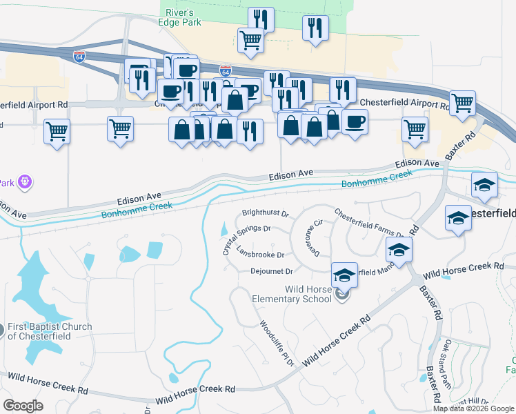 map of restaurants, bars, coffee shops, grocery stores, and more near 148 Brighthurst Drive in Chesterfield