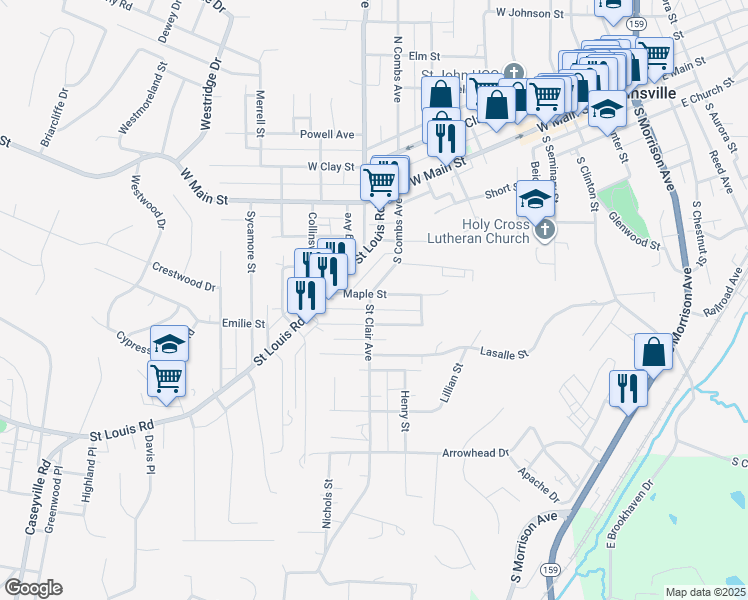 map of restaurants, bars, coffee shops, grocery stores, and more near 739 Maple Street in Collinsville