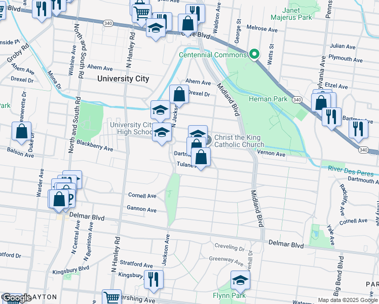 map of restaurants, bars, coffee shops, grocery stores, and more near 7338 Balson Avenue in University City