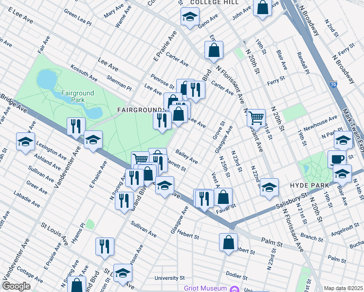 map of restaurants, bars, coffee shops, grocery stores, and more near 4026 North Grand Boulevard in St. Louis
