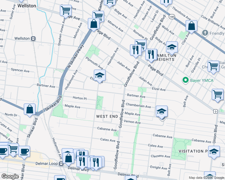 map of restaurants, bars, coffee shops, grocery stores, and more near 5834 Etzel Avenue in St. Louis
