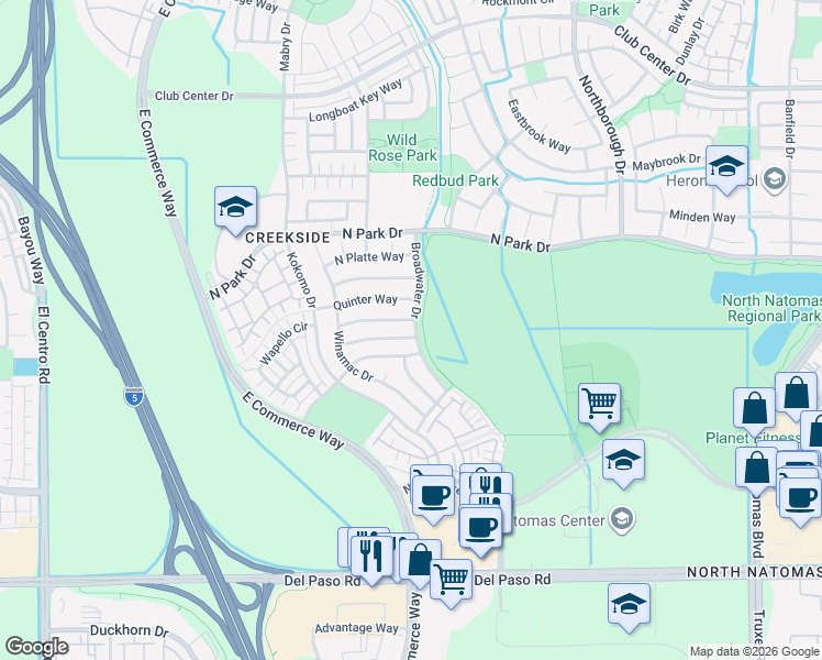 map of restaurants, bars, coffee shops, grocery stores, and more near 4941 Broadwater Drive in Sacramento