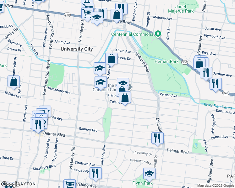 map of restaurants, bars, coffee shops, grocery stores, and more near 7339 Dartmouth Avenue in University City