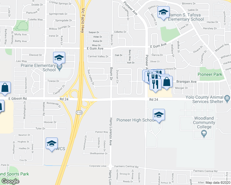map of restaurants, bars, coffee shops, grocery stores, and more near 1028 Powers Circle in Woodland