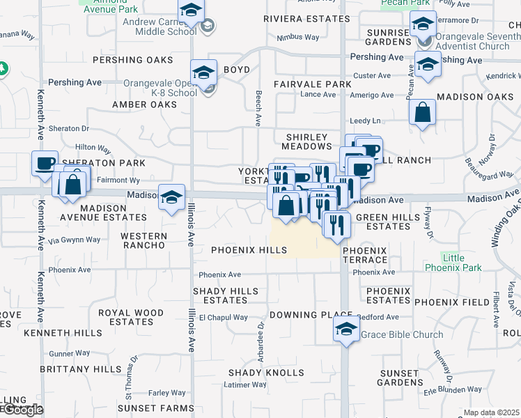 map of restaurants, bars, coffee shops, grocery stores, and more near 8780 Madison Avenue in Fair Oaks