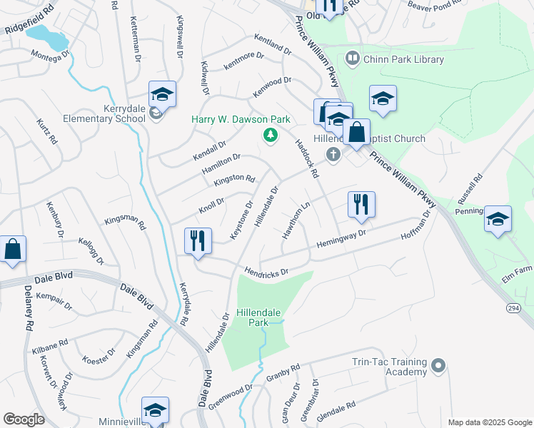 map of restaurants, bars, coffee shops, grocery stores, and more near 13307 Hillendale Drive in Woodbridge