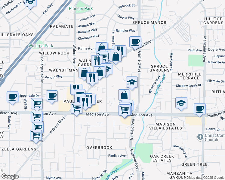 map of restaurants, bars, coffee shops, grocery stores, and more near 5320 Hemlock Street in Sacramento