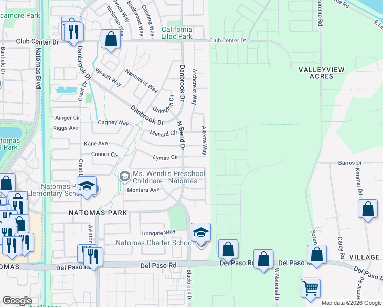 map of restaurants, bars, coffee shops, grocery stores, and more near 4879 Alterra Way in Sacramento