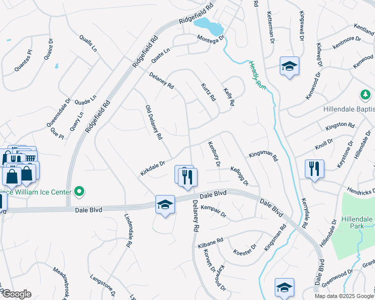 map of restaurants, bars, coffee shops, grocery stores, and more near 4901 Kirkdale Drive in Woodbridge