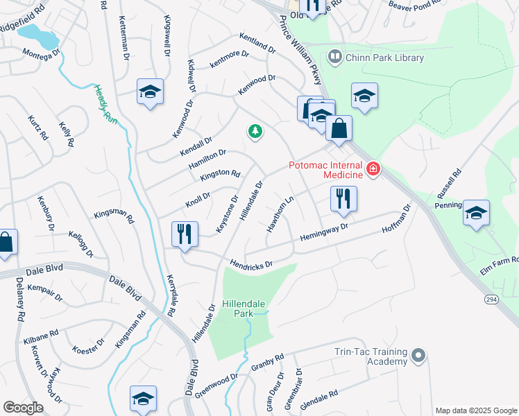 map of restaurants, bars, coffee shops, grocery stores, and more near 4301 Hendricks Drive in Woodbridge