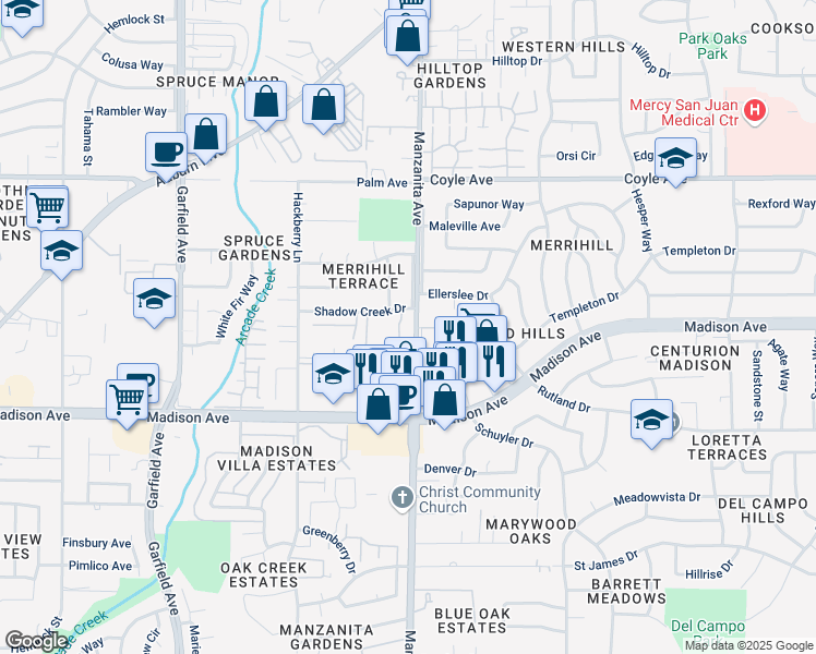 map of restaurants, bars, coffee shops, grocery stores, and more near 5317 Manzanita Avenue in Carmichael