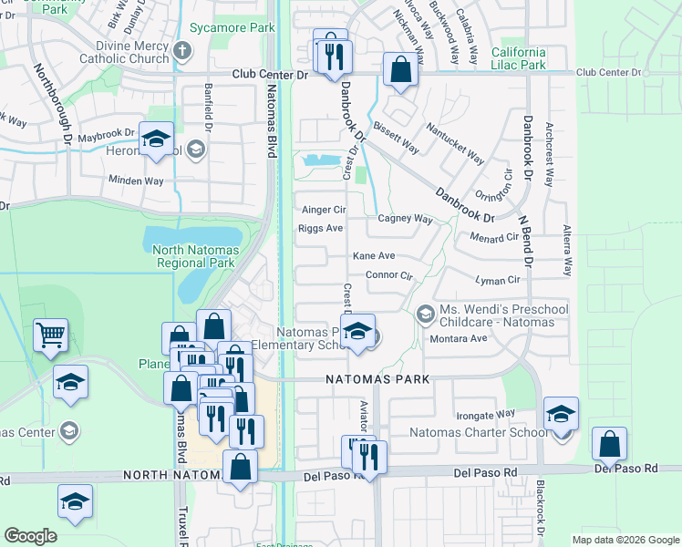 map of restaurants, bars, coffee shops, grocery stores, and more near 4951 Crest Drive in Sacramento