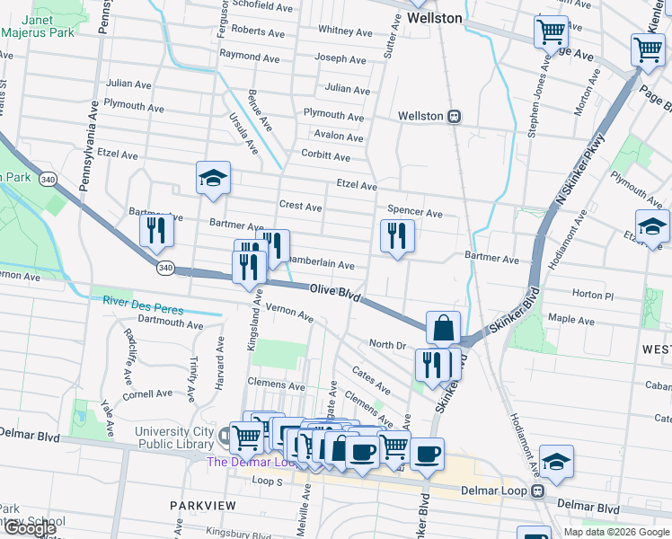 map of restaurants, bars, coffee shops, grocery stores, and more near 6611 Chamberlain Avenue in University City