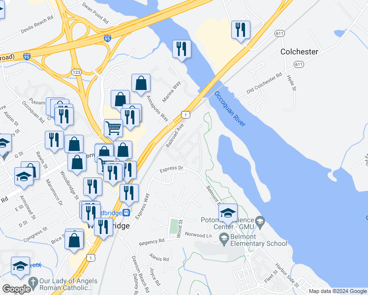 map of restaurants, bars, coffee shops, grocery stores, and more near 13363 Colchester Ferry Place in Woodbridge