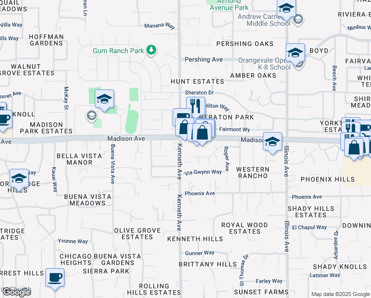 map of restaurants, bars, coffee shops, grocery stores, and more near 8510 Madison Avenue in Fair Oaks
