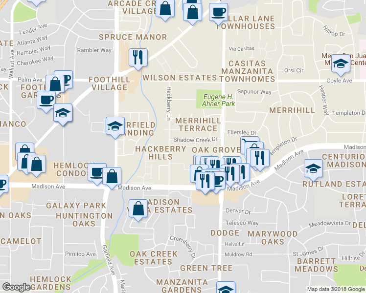 map of restaurants, bars, coffee shops, grocery stores, and more near 5727 Shadow Creek Drive in Sacramento