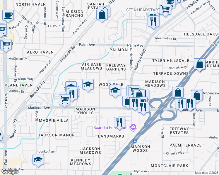 map of restaurants, bars, coffee shops, grocery stores, and more near 5325 Wallaby Way in North Highlands
