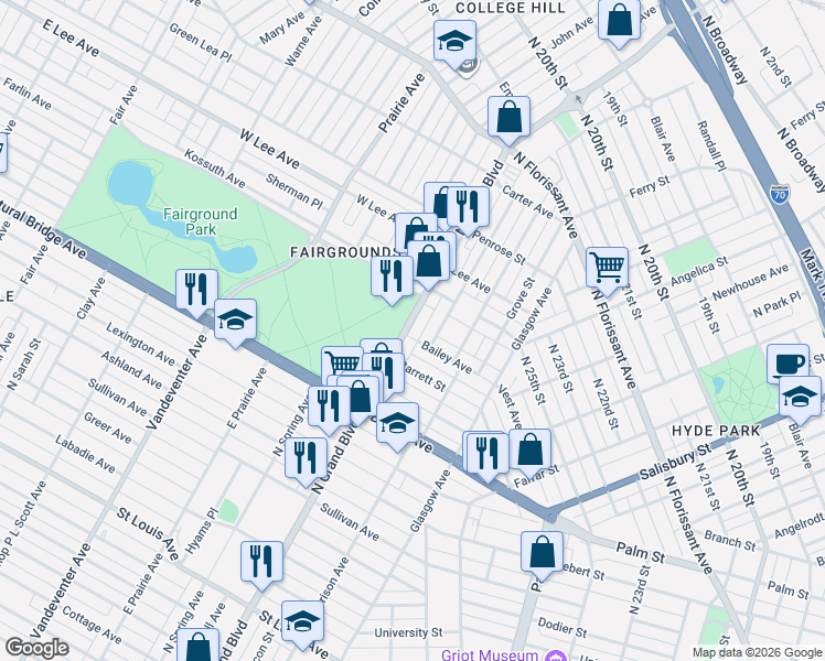 map of restaurants, bars, coffee shops, grocery stores, and more near 4026 North Grand Boulevard in St. Louis