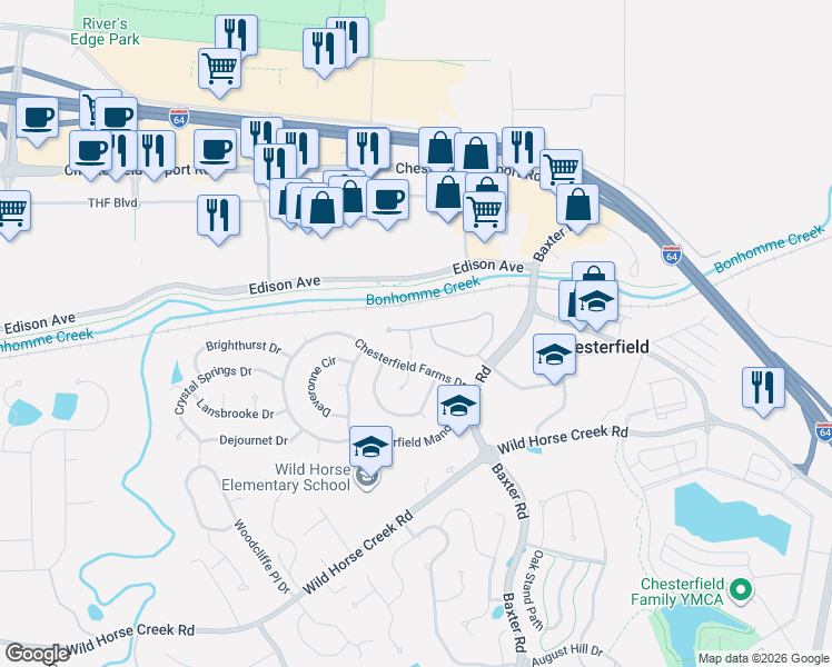 map of restaurants, bars, coffee shops, grocery stores, and more near 16833 Chesterfield Bluffs Circle in Chesterfield