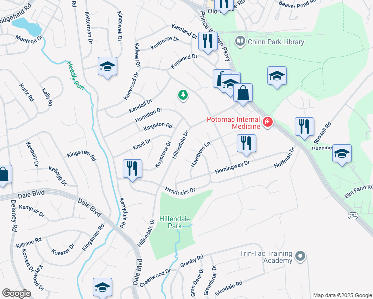 map of restaurants, bars, coffee shops, grocery stores, and more near 4301 Hendricks Drive in Woodbridge