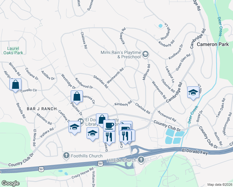 map of restaurants, bars, coffee shops, grocery stores, and more near 3690 Chelsea Road in Cameron Park
