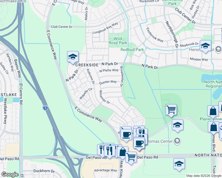 map of restaurants, bars, coffee shops, grocery stores, and more near 2931 Holdrege Way in Sacramento