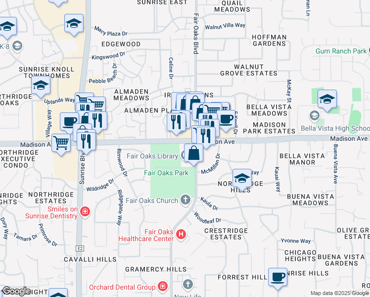 map of restaurants, bars, coffee shops, grocery stores, and more near 8080 Madison Avenue in Fair Oaks