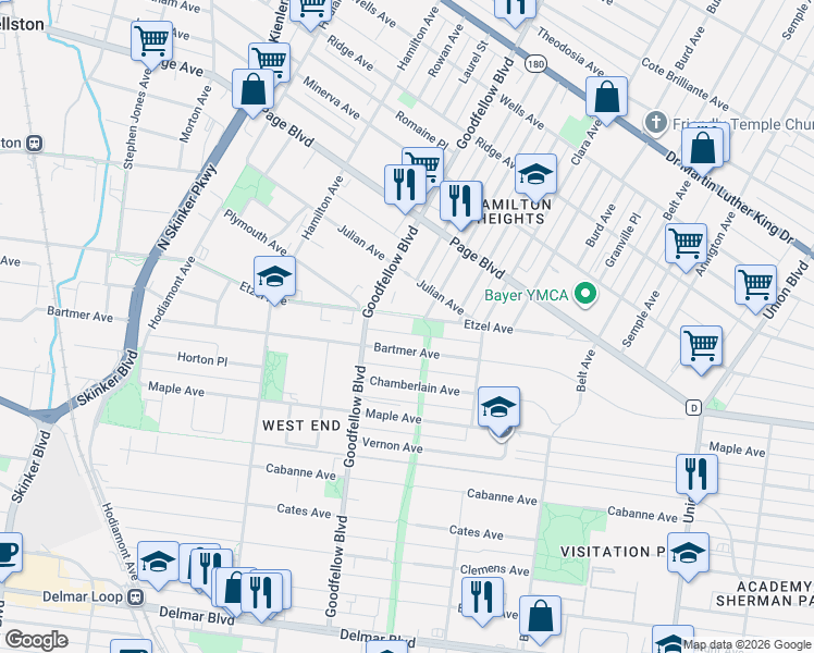 map of restaurants, bars, coffee shops, grocery stores, and more near 5713 Etzel Avenue in St. Louis