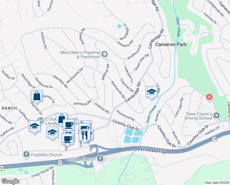 map of restaurants, bars, coffee shops, grocery stores, and more near 2831 Wentworth Road in Cameron Park