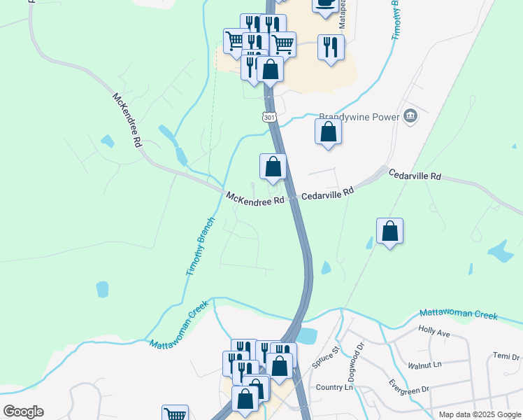 map of restaurants, bars, coffee shops, grocery stores, and more near 16401 McKendree Road in Brandywine