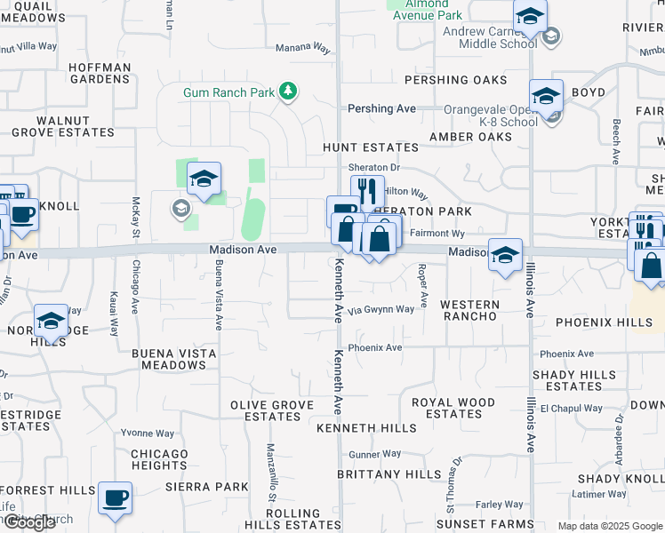map of restaurants, bars, coffee shops, grocery stores, and more near Madison Avenue in Sacramento County